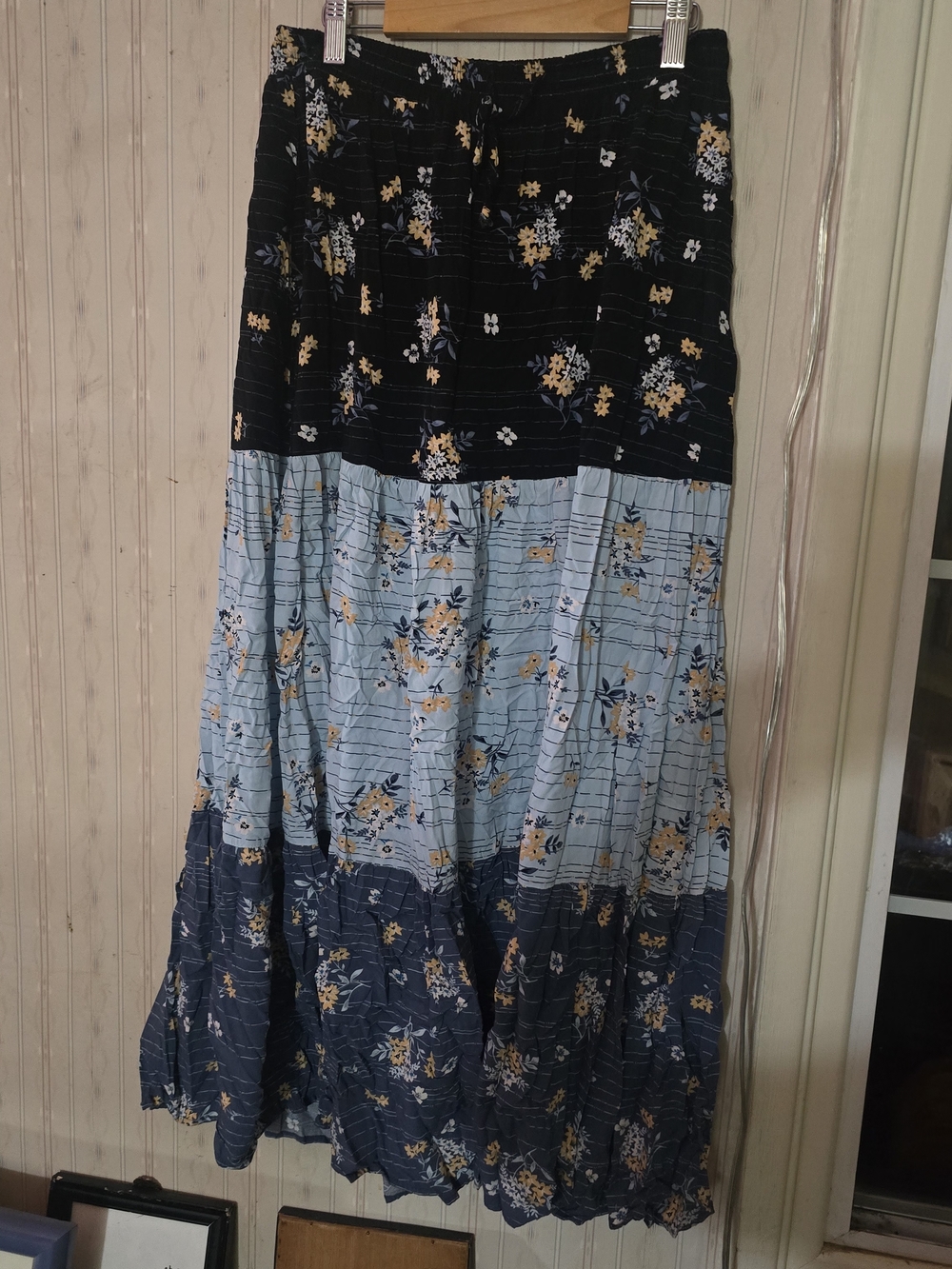 Bohemian Tiered Floral Maxi Skirt in Navy and Light Blue